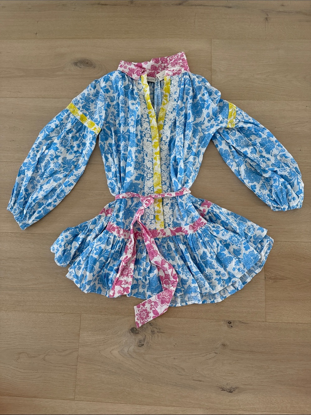 Girls' Blue Floral Peasant Top with Pink & Yellow Trim